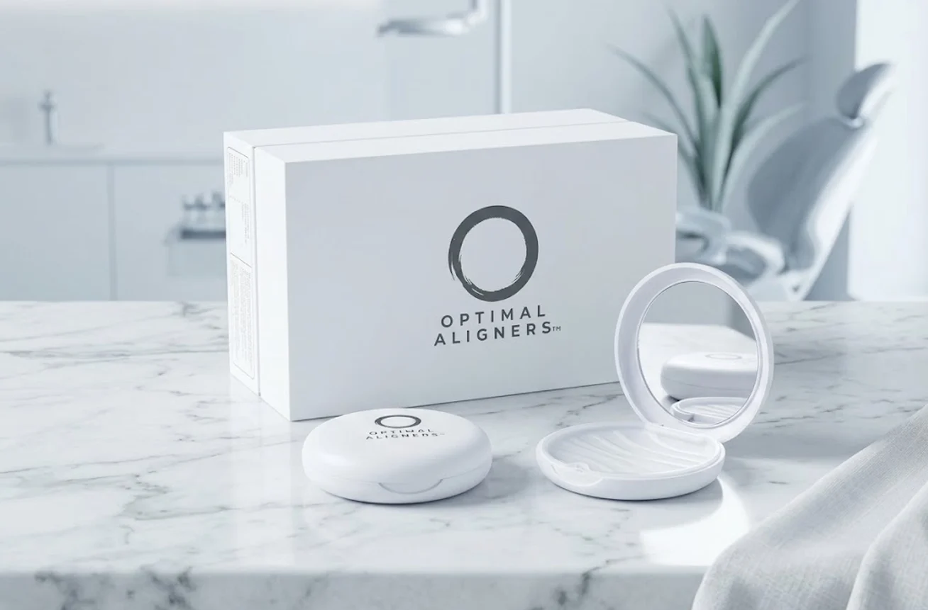 Optimal Aligners verpakking met alignerdoosje en transparante aligner